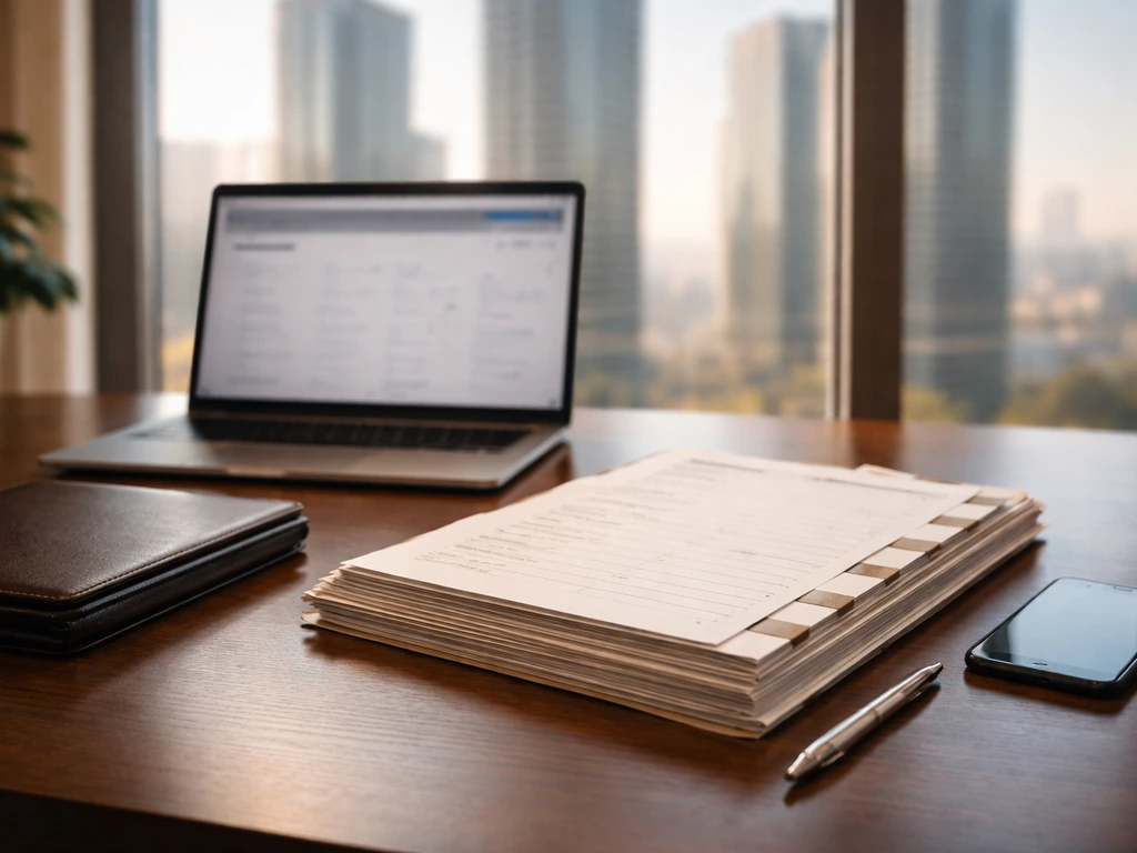 Professional desk with documents and laptop suggesting research into business finances, city view through window