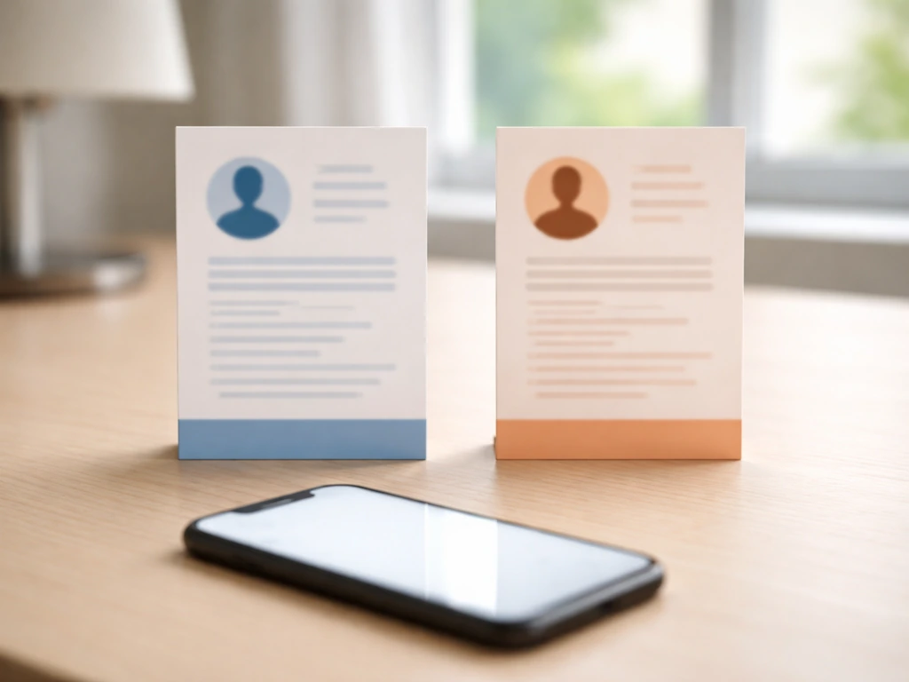 Two blurred business profile-style cards on a desk, suggesting two different professional identities