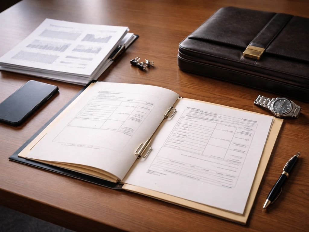Minimal office desk with scattered documents, a smartphone, and a briefcase symbolizing net worth research inputs
