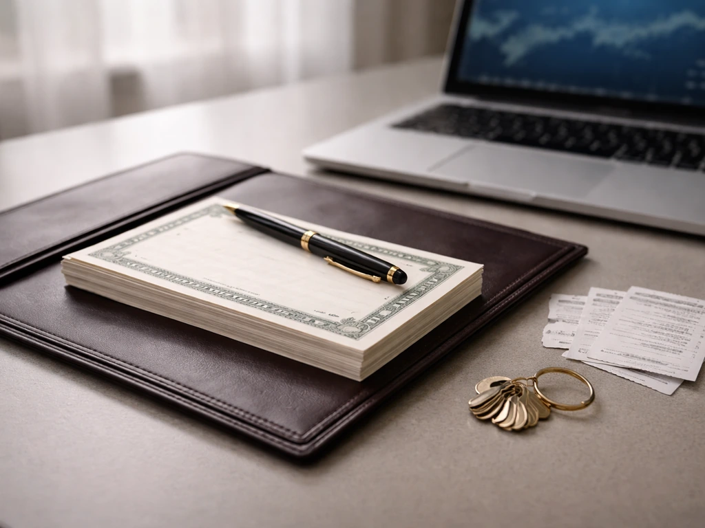 Close-up of a finance binder and pen beside a laptop showing anonymous stock certificates, symbolizing equity transactio