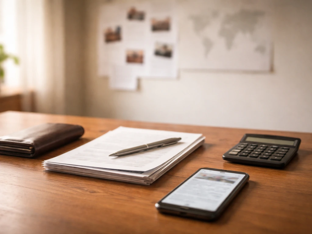 Anonymous desk scene with documents, wallet, phone, and a blurred world-map style backdrop for verifying net worth.