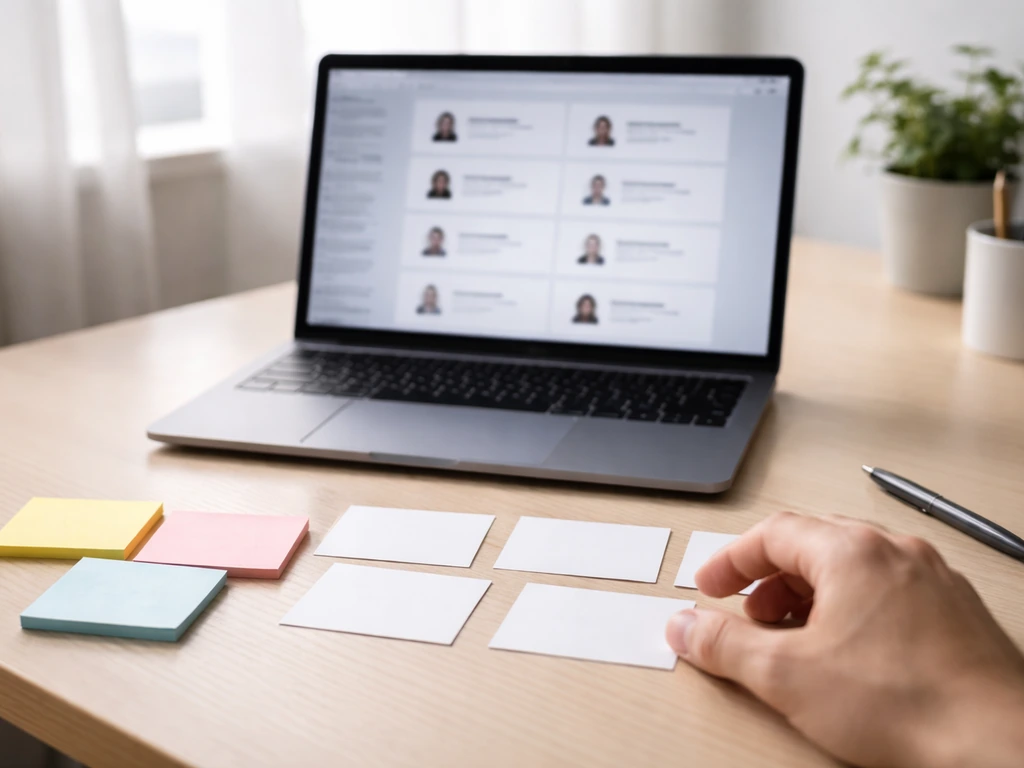 Minimal desk scene with blank cards and a blurred laptop interface suggesting multiple matching identities.