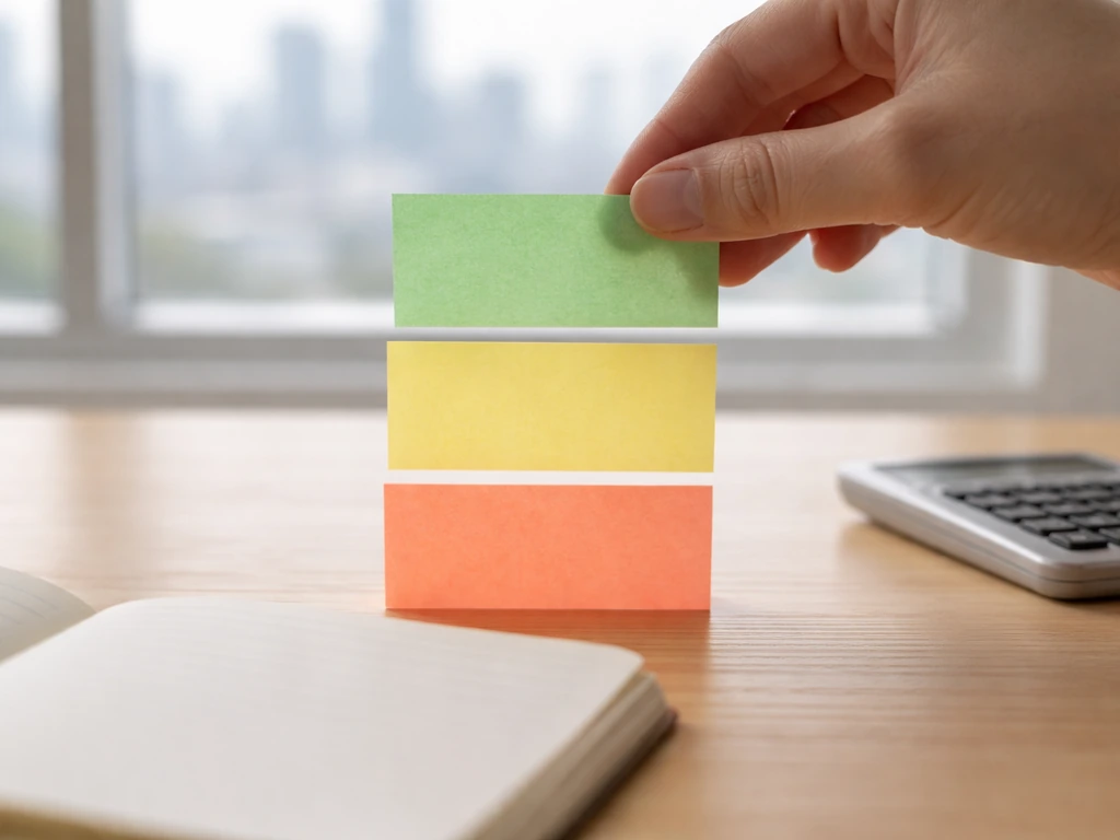 Hand stacking translucent notes on a desk with an open notebook and calculator, symbolizing tiered evidence.