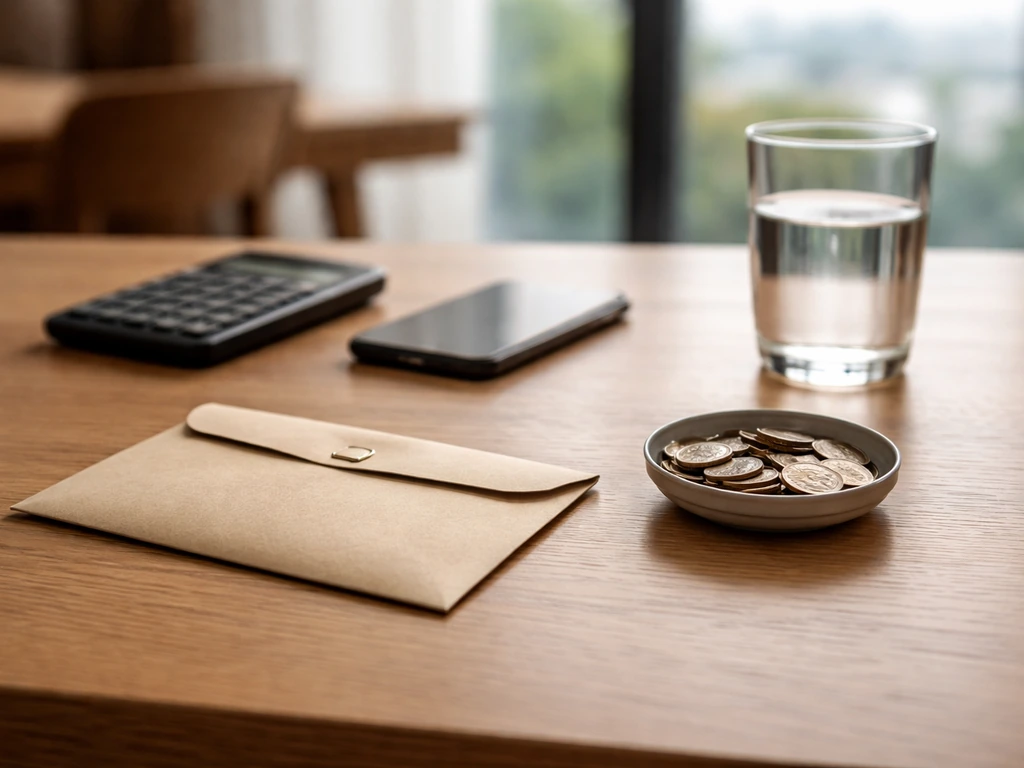 Minimal desk scene with a blurred calculator and cash envelope, symbolizing estimated net worth range and uncertainty.