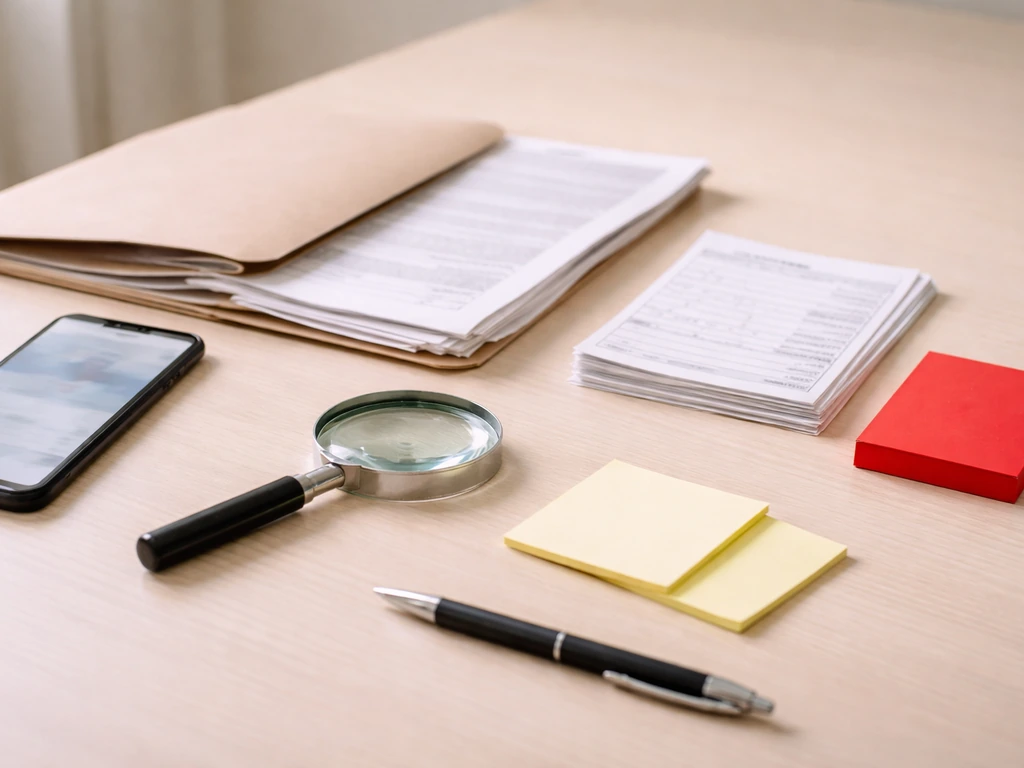 A minimal desk setup with magnifying glass, documents, and a phone for verifying information.