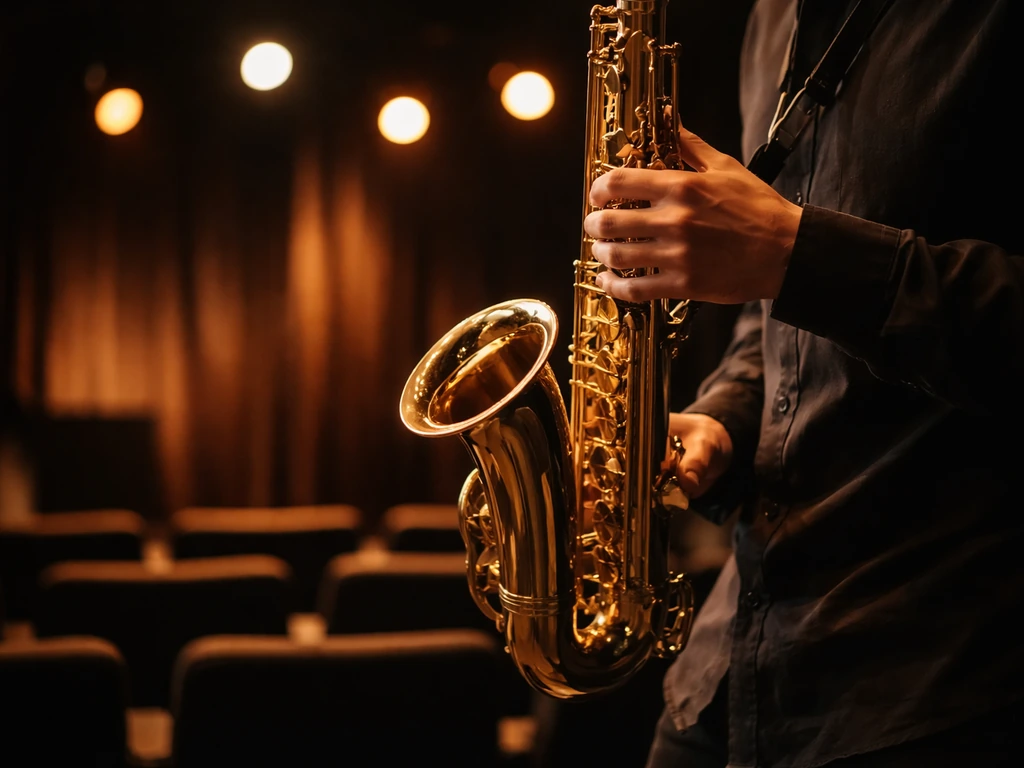 Anonymous hands holding a saxophone in a warm concert venue with soft bokeh lights.