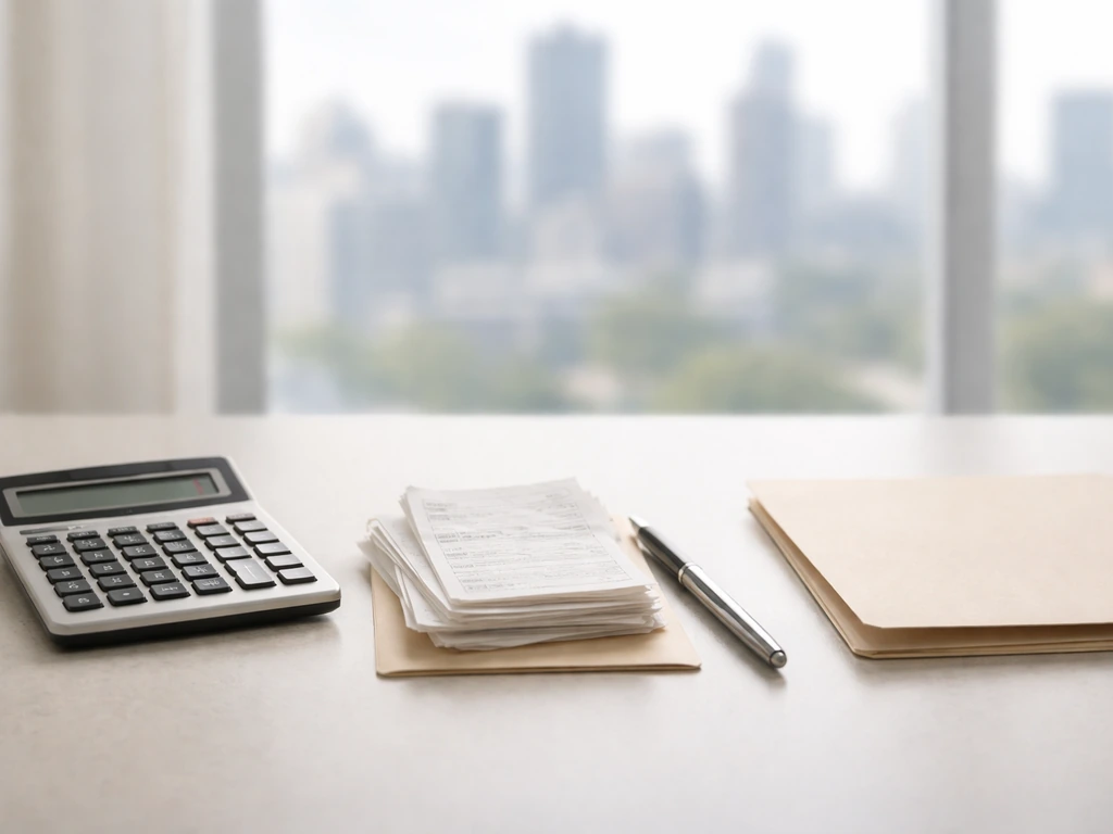 Minimal photo of a tidy desk with a calculator and scattered receipts symbolizing a bottom-up net worth range.