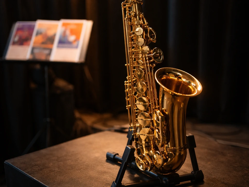 Close-up of a saxophone on a stage with softly blurred event flyer in the background.