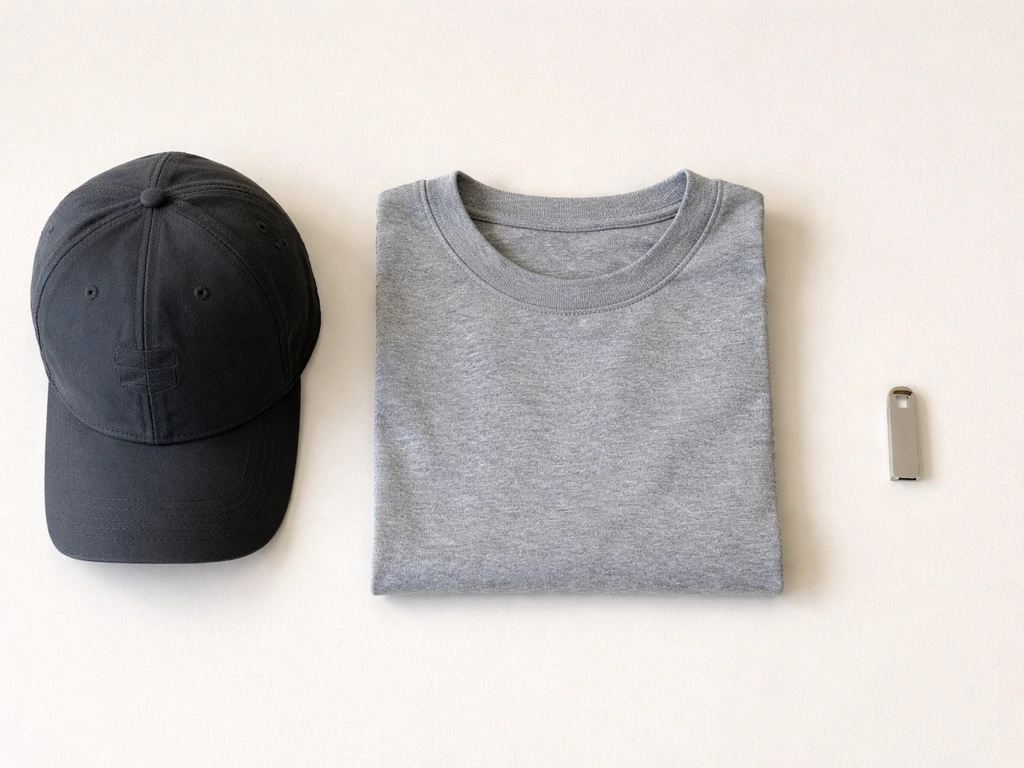 Flat-lay of a cap, folded t-shirt, and generic USB-style item on a neutral background.