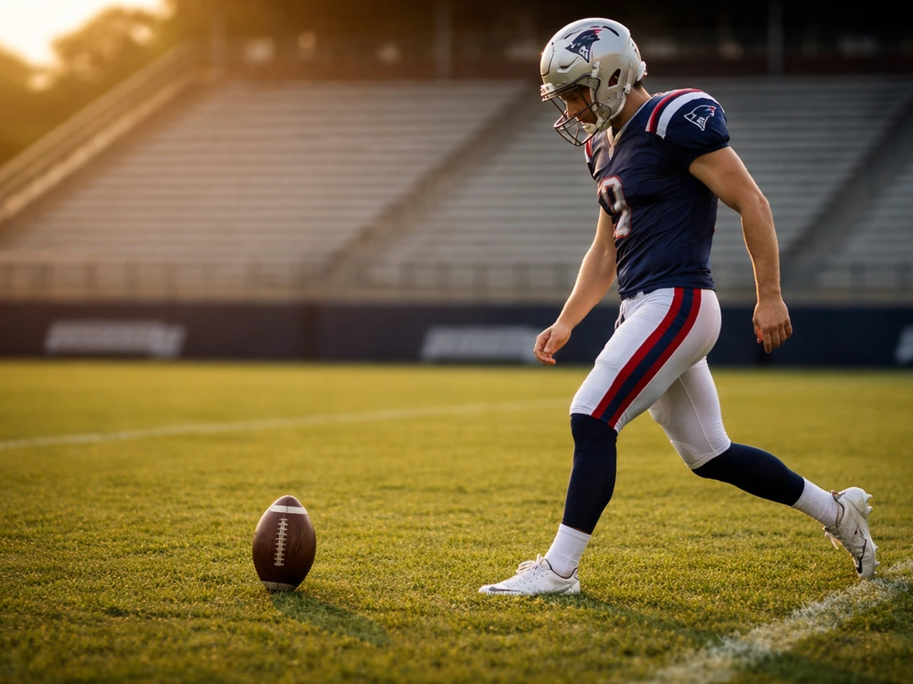An NFL placekicker in a New England Patriots-style uniform on a football field, preparing to kick.
