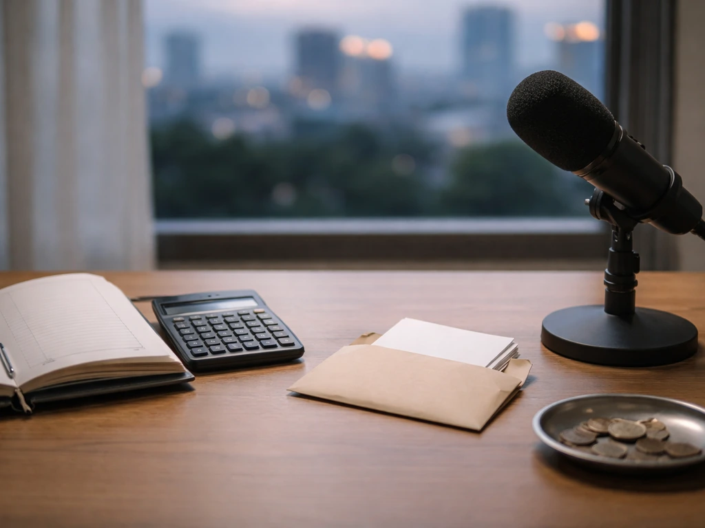 Minimal desk scene with calculator, blank papers, and a studio microphone symbolizing salary, bonuses, and endorsements.