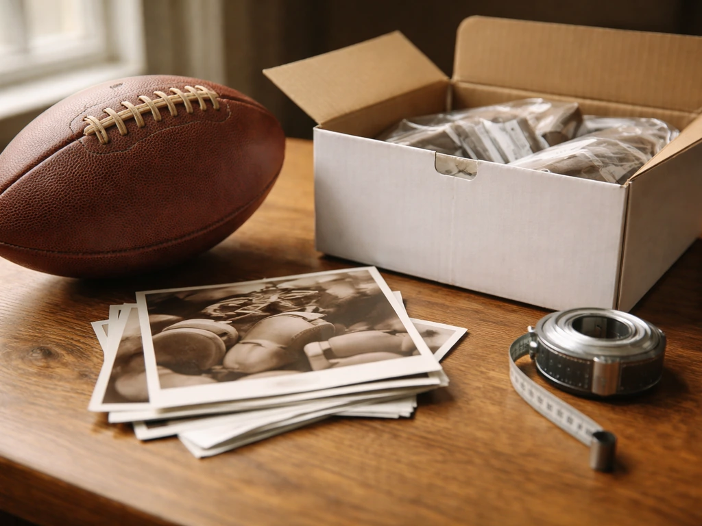 Vintage football memorabilia on a wooden desk, with blank sepia product photos suggesting endorsement income.