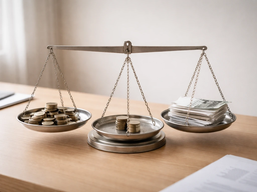 Minimal desk scene with a balance scale showing taxes, spending, and smaller remaining wealth.