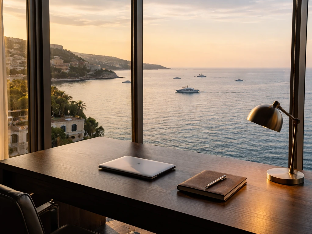 Luxury office desk facing Monaco ocean view, symbolizing entrepreneurial wealth without showing any person.