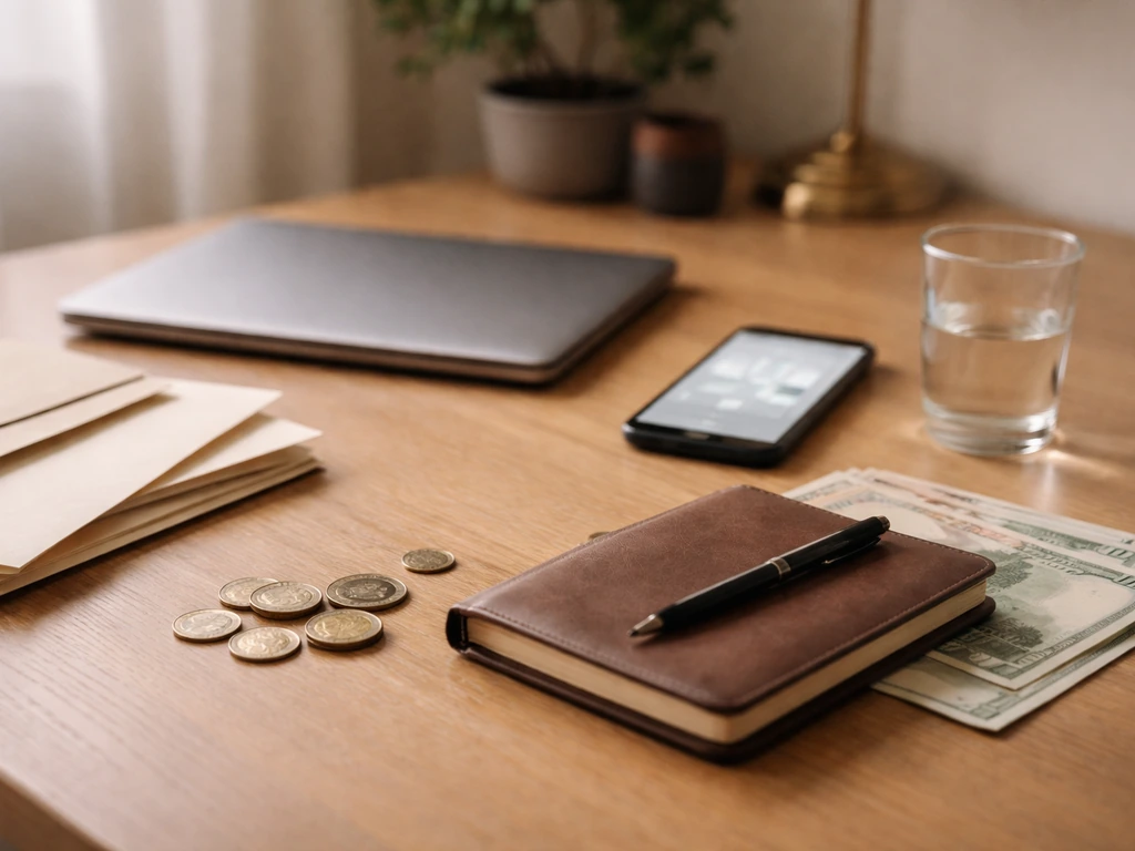 Minimal desk scene with blurred finance phone and symbolic money, representing net worth estimates range uncertainty.