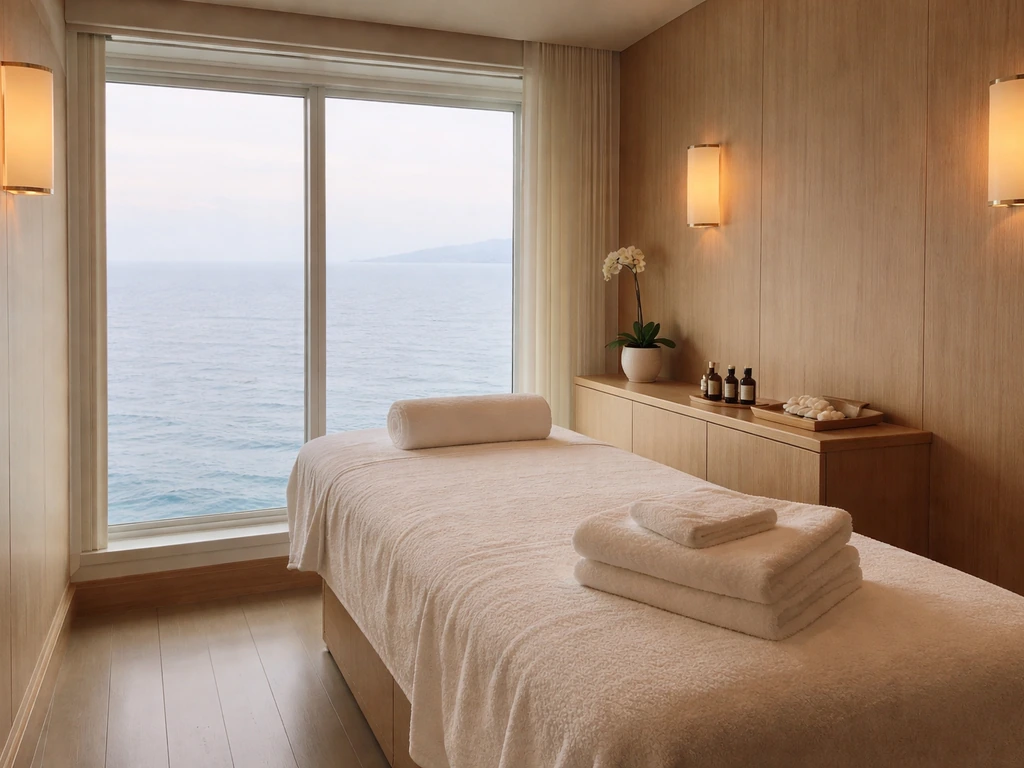 A serene cruise ship spa treatment room with soft lighting and ocean views through a window.