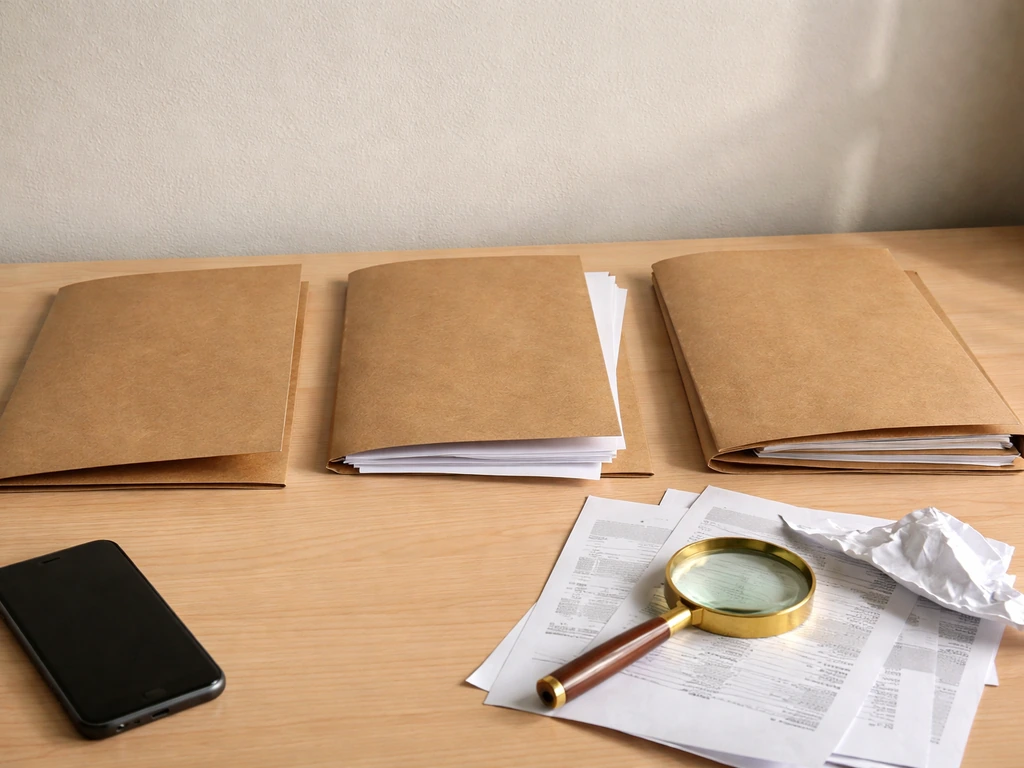 Minimal desk scene with folders and a magnifying glass suggesting conflicting valuation sources.