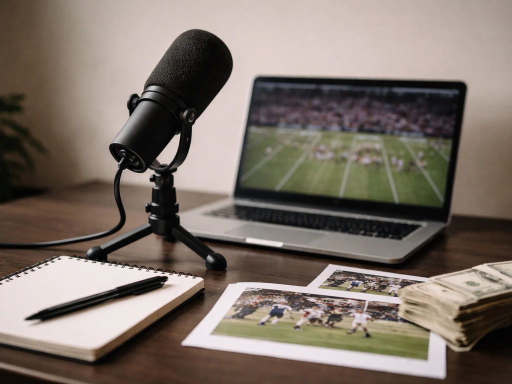 Anonymous podcast studio desk with microphone, laptop, blank film study props, and cash hinting at sports media income.
