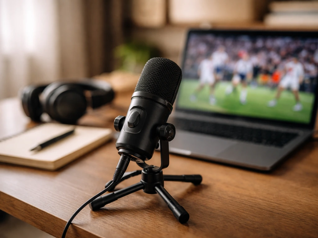 Close-up of a podcast microphone on a desk beside a laptop showing a sports-film study vibe
