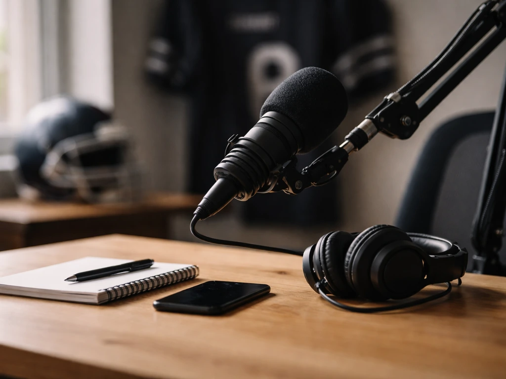 Podcast studio desk with an NFL analyst microphone and headphones against a simple sports-themed backdrop