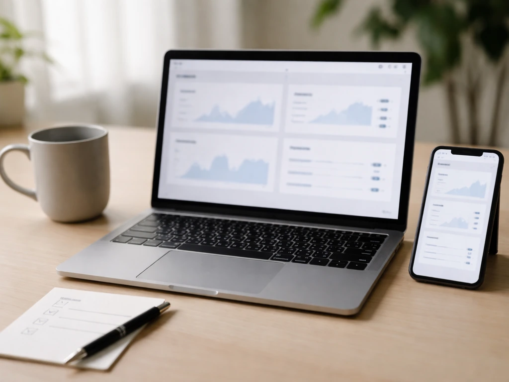 Laptop and smartphone displaying blurred analytics with a handwritten checklist for verifying a number.