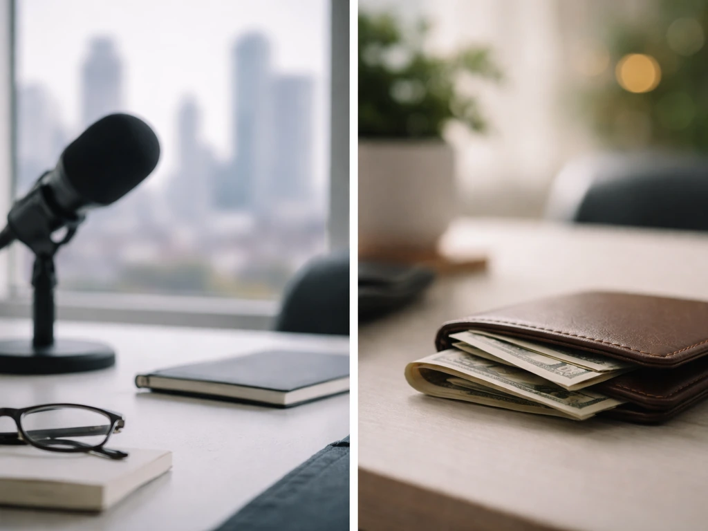 Minimal photo of a split scene with anonymous desktop work and money symbolism for “David Valentino net worth”.