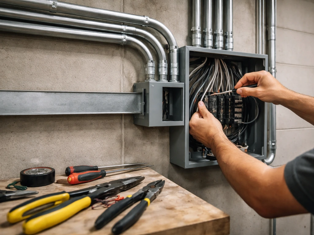 Electricians working near a commercial electrical panel with exposed conduit and wiring