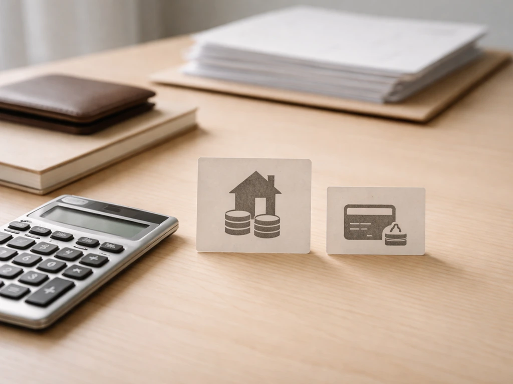 Calculator and unlabeled asset vs liability cards on a light wood desk, symbolizing net worth estimation.