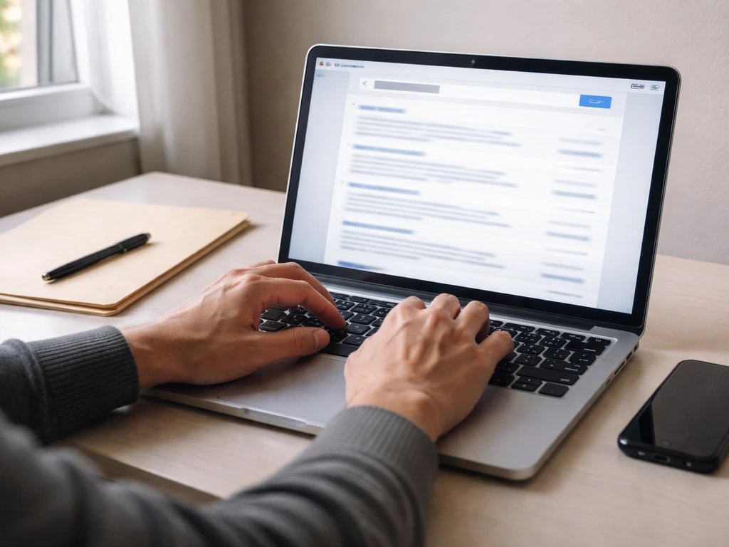 Hands using a laptop to look up corporate records, with a simple folder and pen on a desk