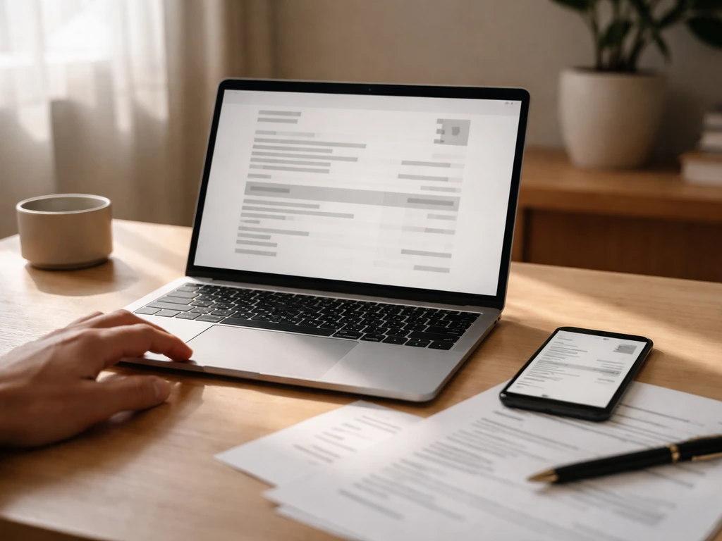 Minimal desk scene with financial documents and a smartphone showing an abstract wealth estimate page