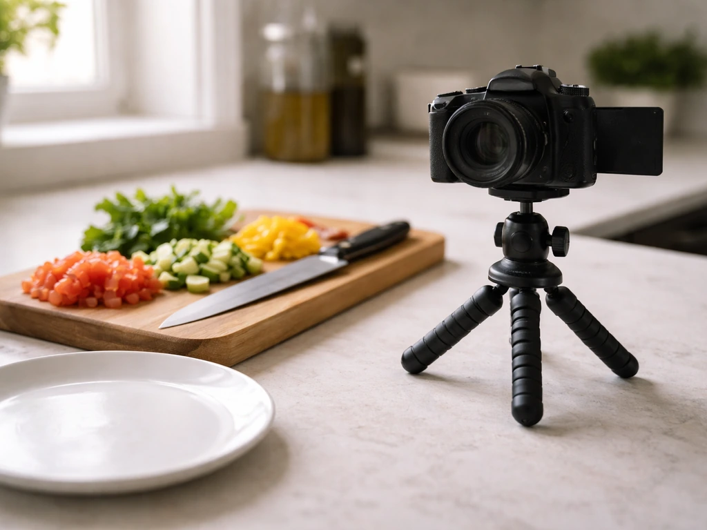 Close-up of a minimal food creator camera-on-tripod setup with ingredients and plates on a kitchen counter.