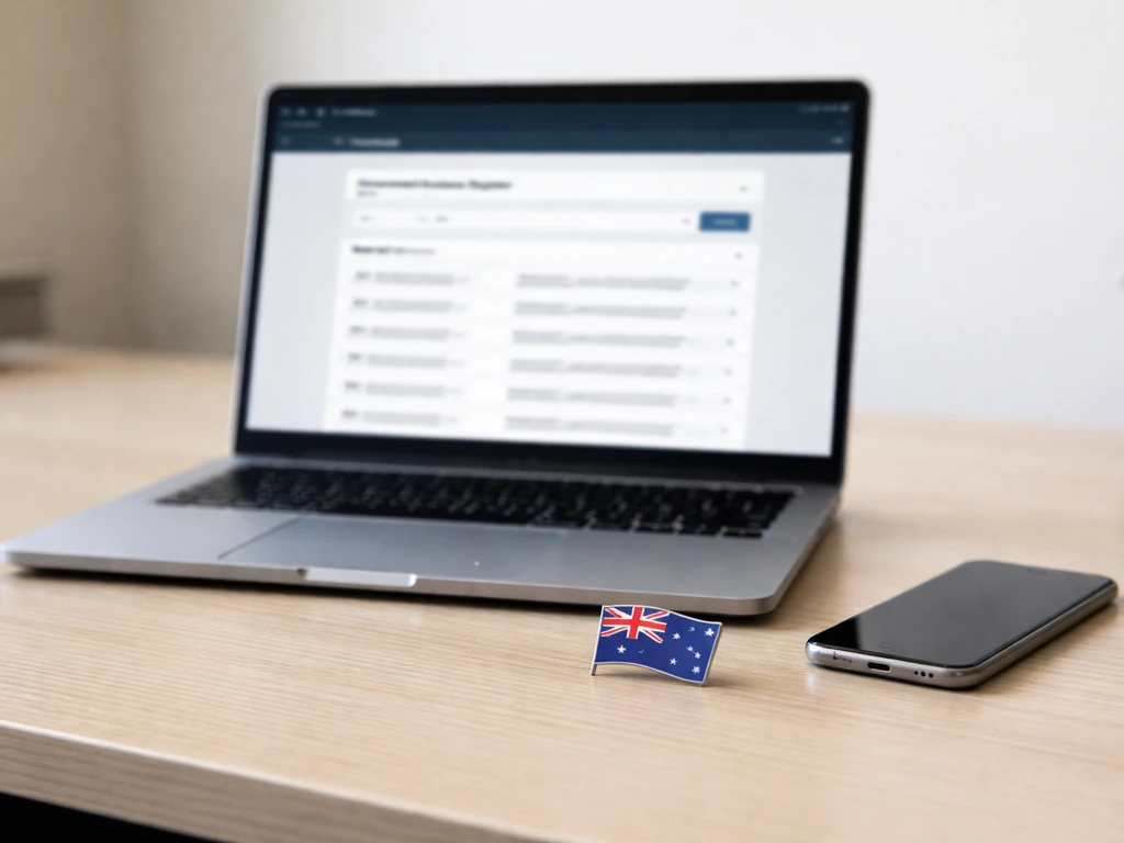 Close-up of a laptop showing a blurred business registry search page, symbolizing ABN wealth estimation