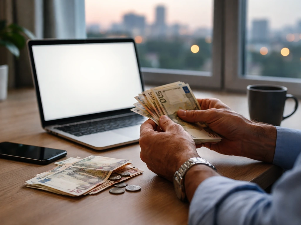 Hands counting Euros at a home office desk with an open laptop and city view in soft light