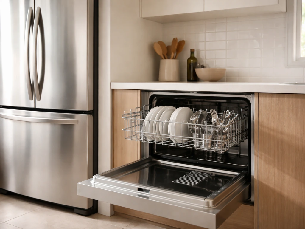 Minimal kitchen shot of a premium refrigerator and an open modern dishwasher with clean dishes.