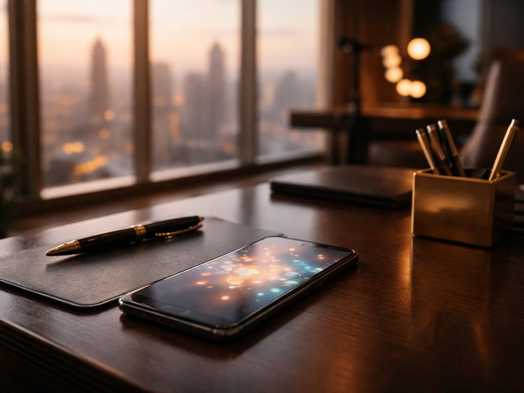 Luxury office desk with a smartphone showing abstract social-media vibes and polished items symbolizing wealth
