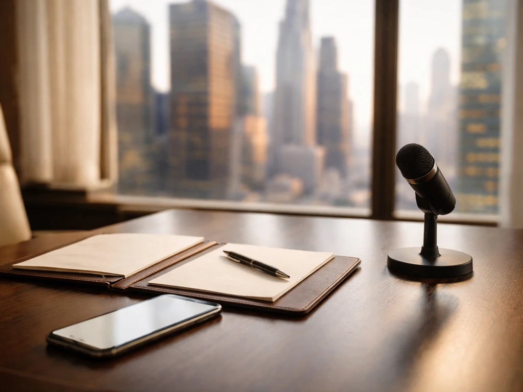 Minimal executive desk with smartphone and microphone, evoking wealth, media presence, and business analysis.