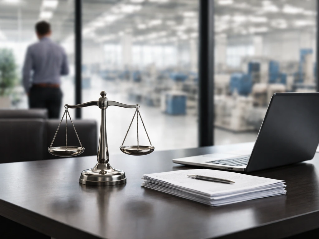Minimal office scene with balance-scale symbolism and factory view, suggesting private industrial equity.