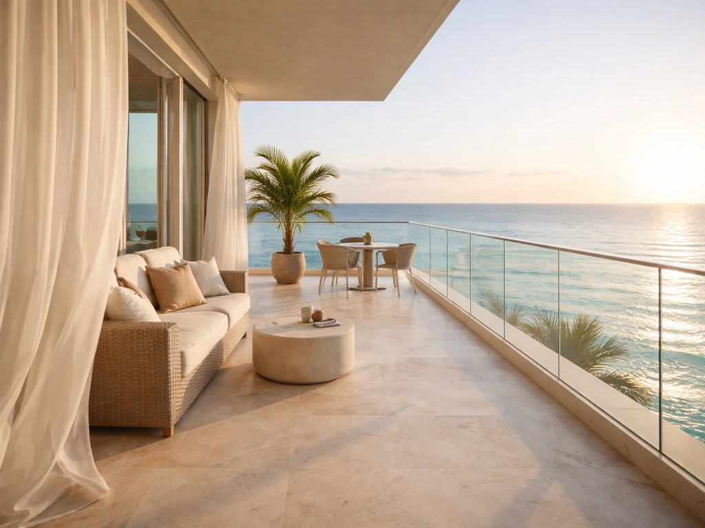 Sunlit luxury Miami Beach penthouse balcony with ocean view and elegant coastal decor