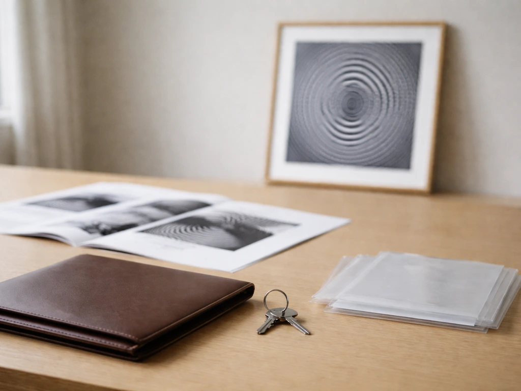 Minimal studio desk with Op Art print and art catalog pages, suggesting catalog licensing and wealth research.