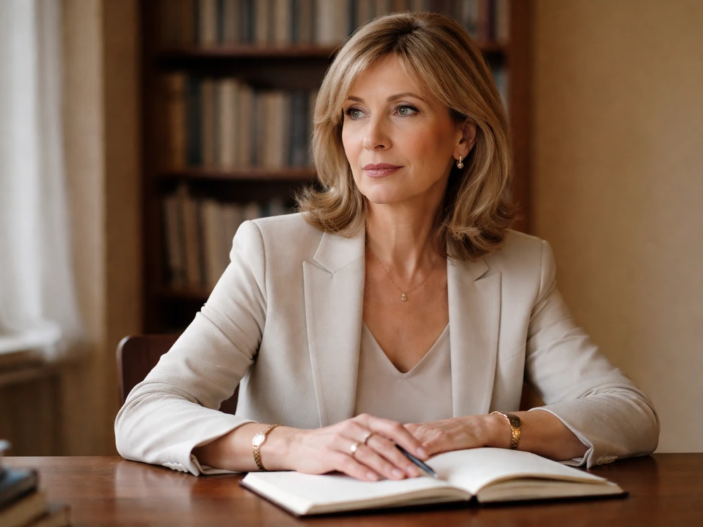 Woman in a quiet home library, softly lit by a window, seated at a desk with an open notebook.