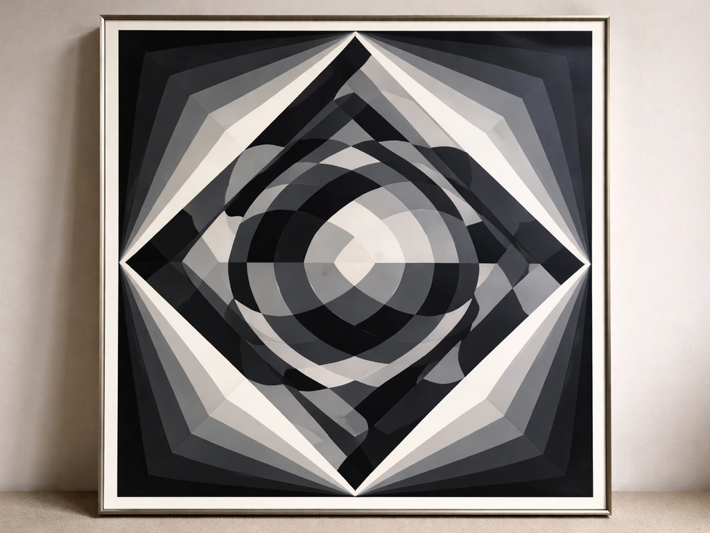 Close-up of an Op Art geometric print with bold contrasting patterns evoking Vasarely catalog value.