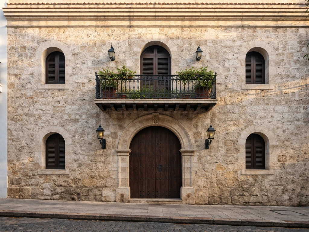 Exterior of a historic converted convent residence in Puerto Rico, showing arched windows and a balcony.