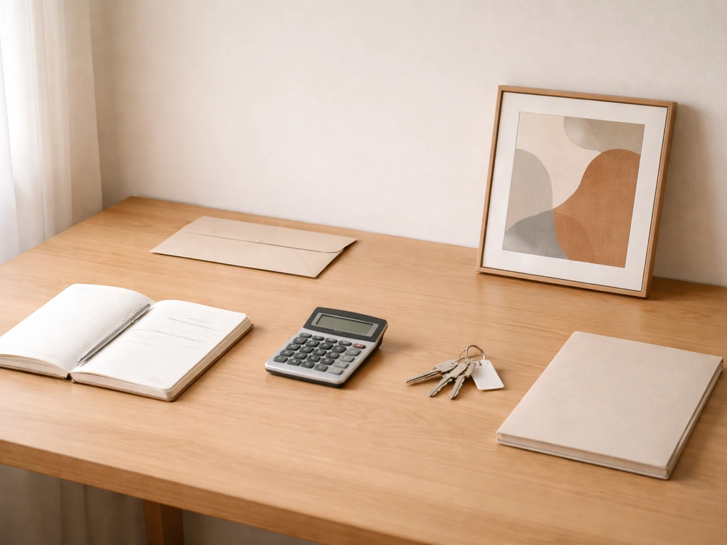 Minimal desk scene showing a calculator beside scattered papers and a small framed artwork and keys