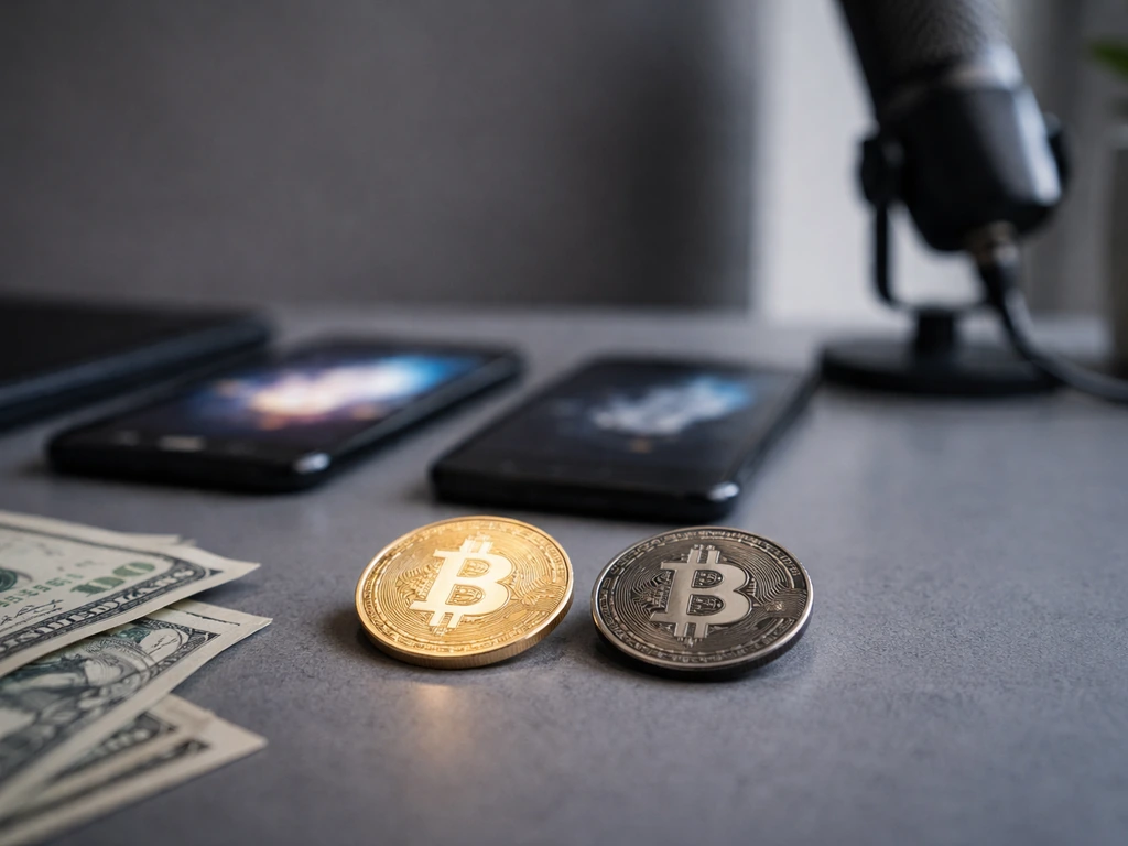 Minimal desk scene with coins and blurred screens symbolizing two competing net worth estimates.