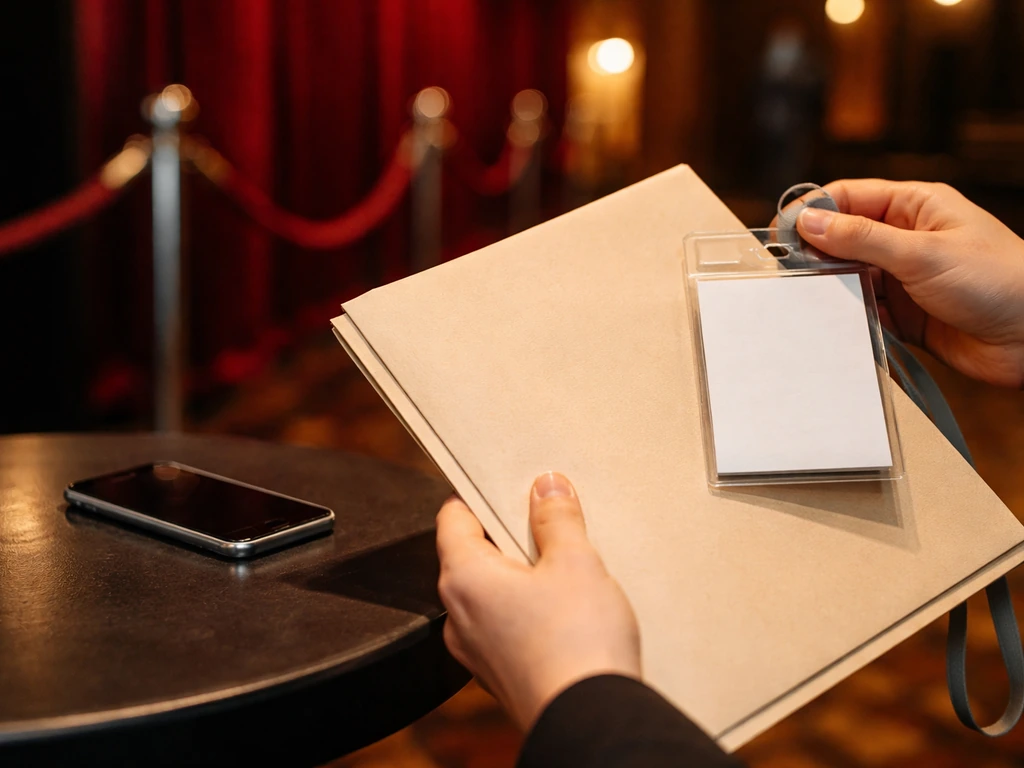 Closeup of an event press-wall backdrop with a contract folder and smartphone, suggesting endorsements and appearances.