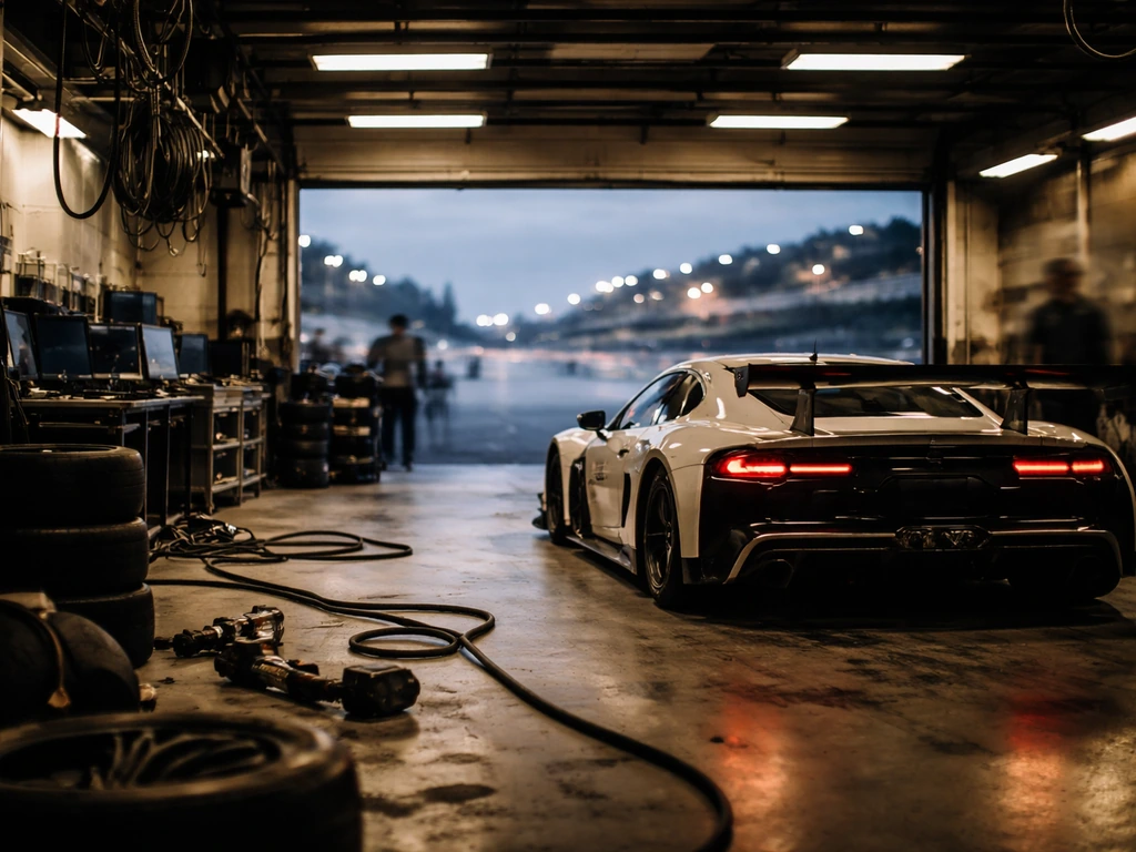 Dramatic racing team garage with a car and team equipment near a blurred track backdrop at dusk