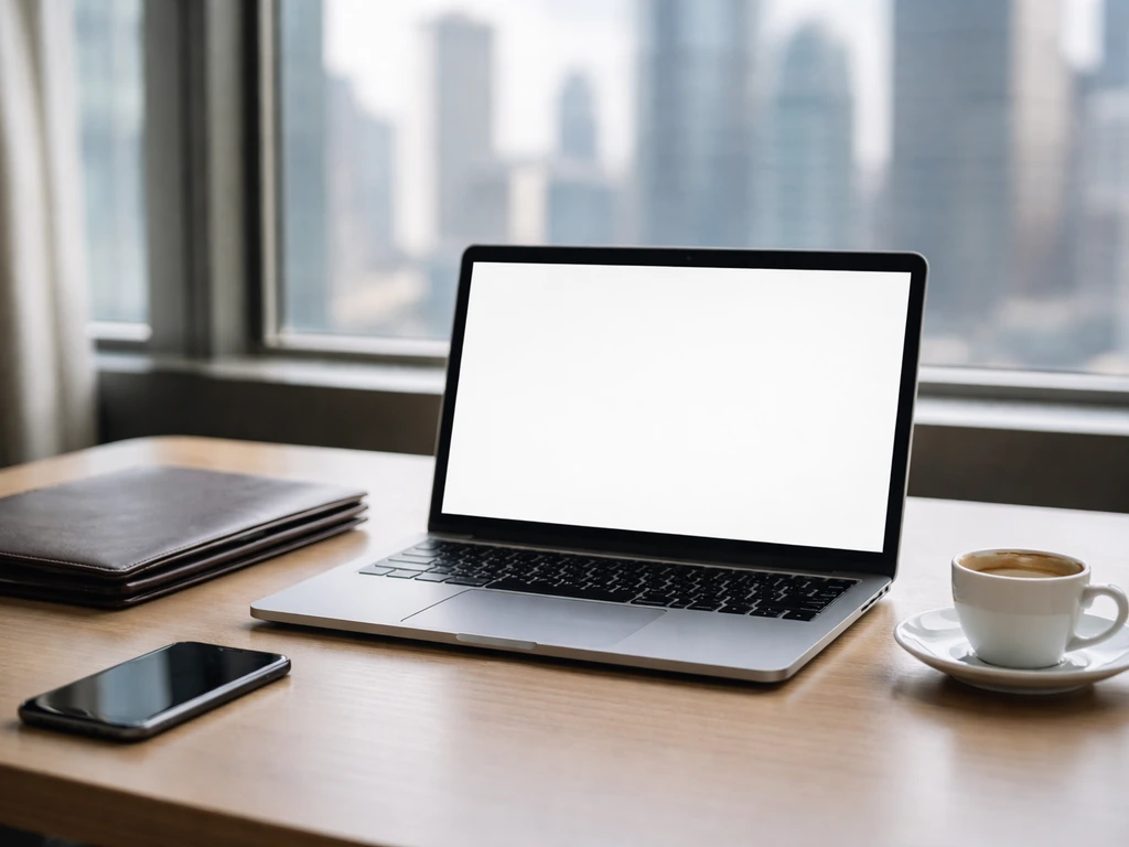 Minimal office desk scene symbolizing finance and public-profile analysis, with laptop and documents