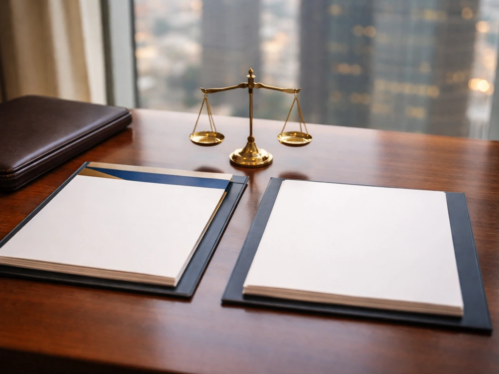 Minimal desk scene with folders and a brass balance scale symbolizing base pay vs carried interest