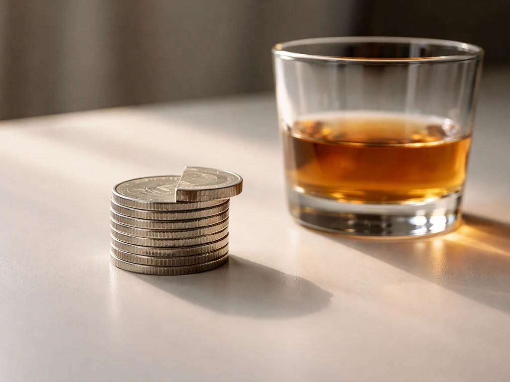 Close-up of a simple metal coin beside a clear glass of amber liquid, suggesting finance and profit sharing.