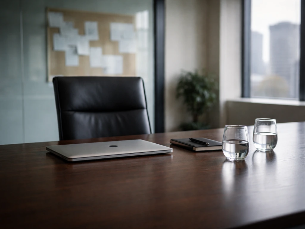 Minimal conference room setup with laptop and notebook, suggesting board/advisory involvement in finance.